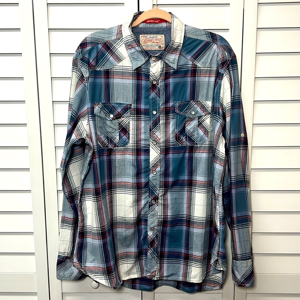Jeffrey Max Long Sleeve Plaid Pearl Snap Button Down Cotton Shirt Size XL